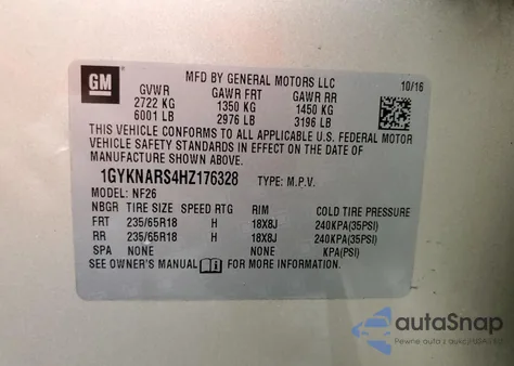 2017 Cadillac Xt5 из США, поврежденный, VIN 1GYKNARS4HZ176328